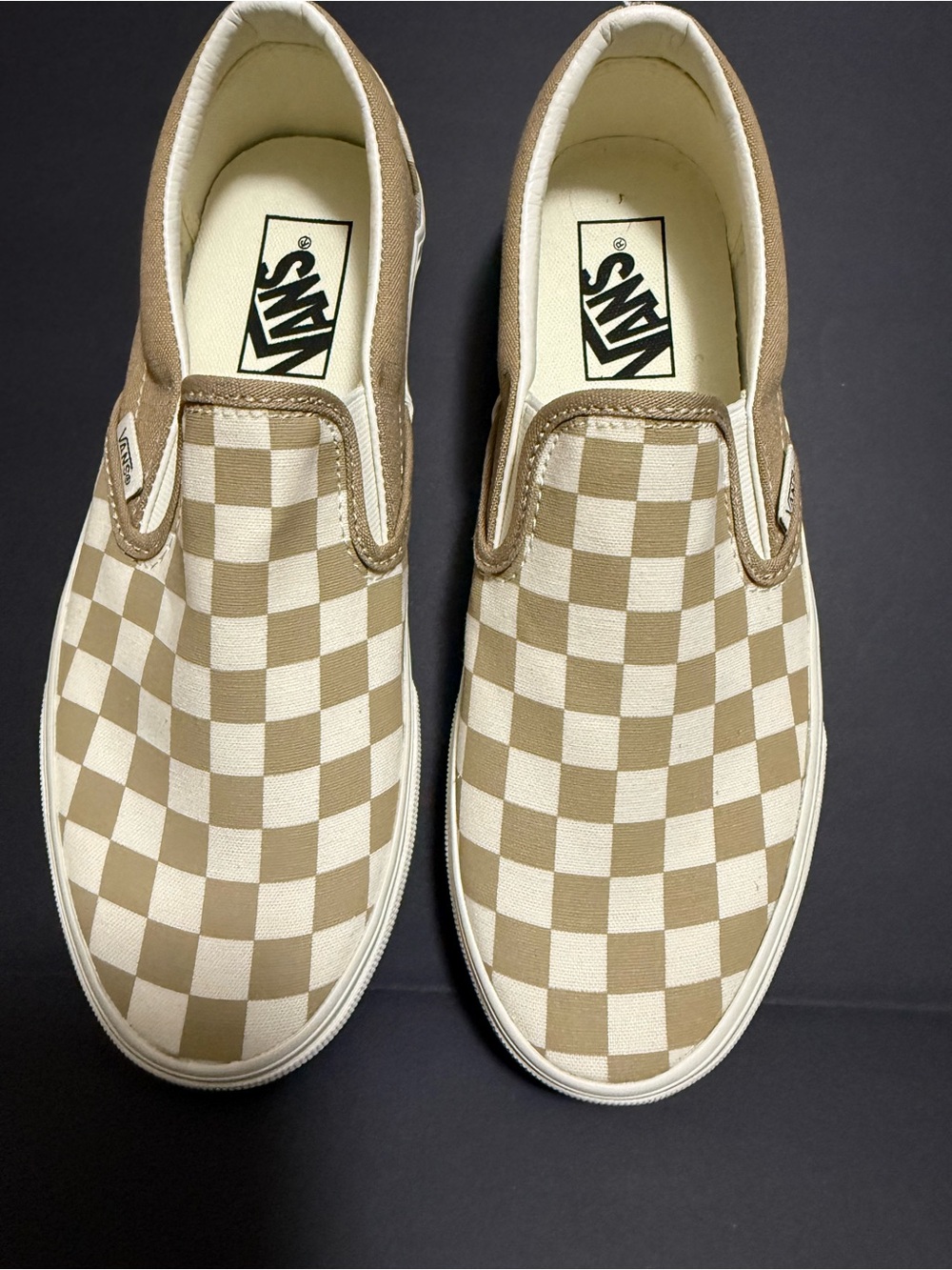 adidas Slip-On Checkerboard Loafers in Tan and White